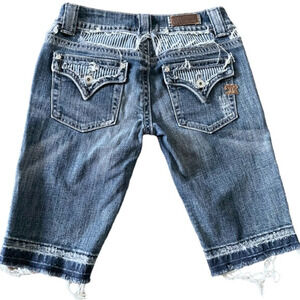 Miss Me Blue Seville Fringe Bermuda Stripe Detail Denim Jean‎ Shorts Size 26